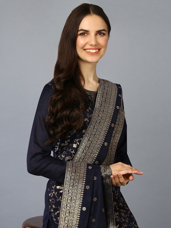 Silk Blend Navy Blue Jacquard Straight Kurta