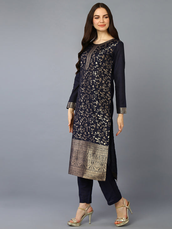 Silk Blend Navy Blue Jacquard Straight Kurta