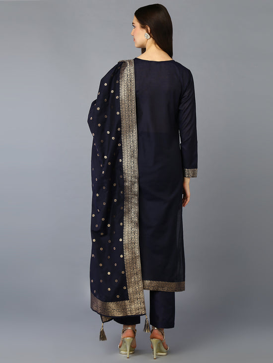 Silk Blend Navy Blue Jacquard Straight Kurta