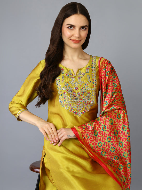 Silk Blend Yellow Printed Straight Kurta Pant