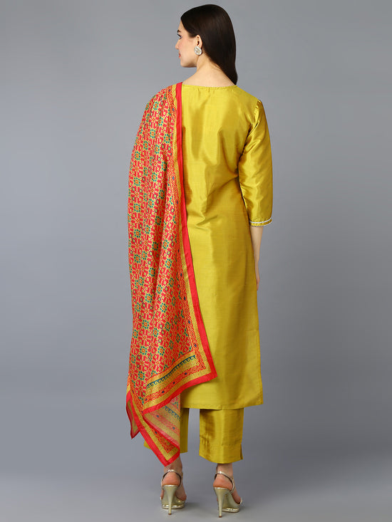 Silk Blend Yellow Printed Straight Kurta Pant