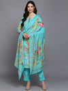 Silk Blend Turquoise Blue Printed Straight Kurta