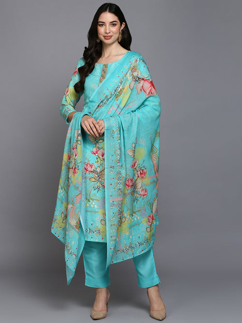 Silk Blend Turquoise Blue Printed Straight Kurta