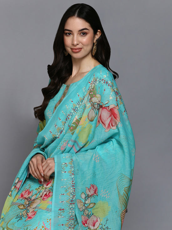 Silk Blend Turquoise Blue Printed Straight Kurta