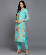 Silk Blend Turquoise Blue Printed Straight Kurta