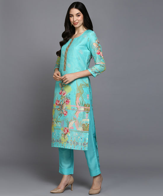 Silk Blend Turquoise Blue Printed Straight Kurta