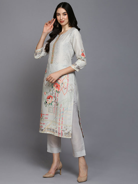 Silk Blend Grey Printed Straight Kurta Pant