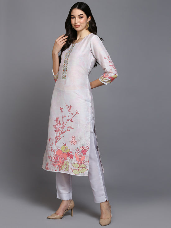 Silk Blend Light Lavender Printed Straight Kurta