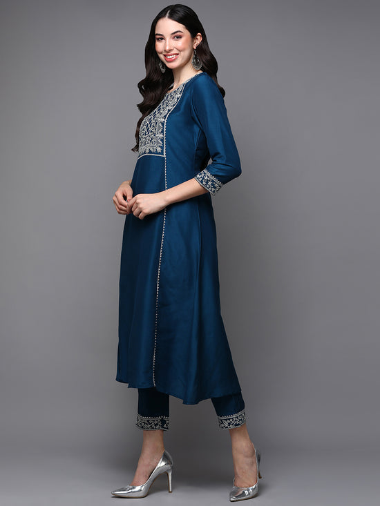 Silk Blend Blue Flared Kurta Pant With