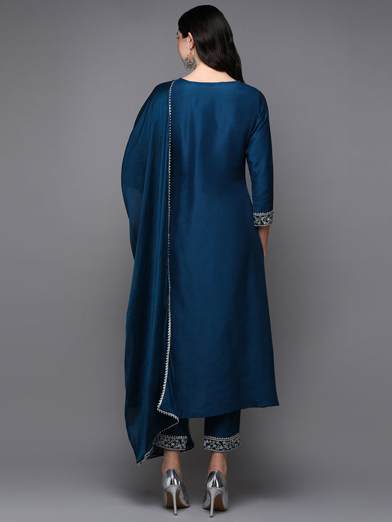 Silk Blend Blue Flared Kurta Pant With