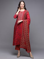 Silk Blend Red Bandhej Straight Kurta Pant