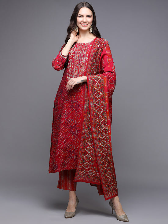 Silk Blend Red Bandhej Straight Kurta Pant