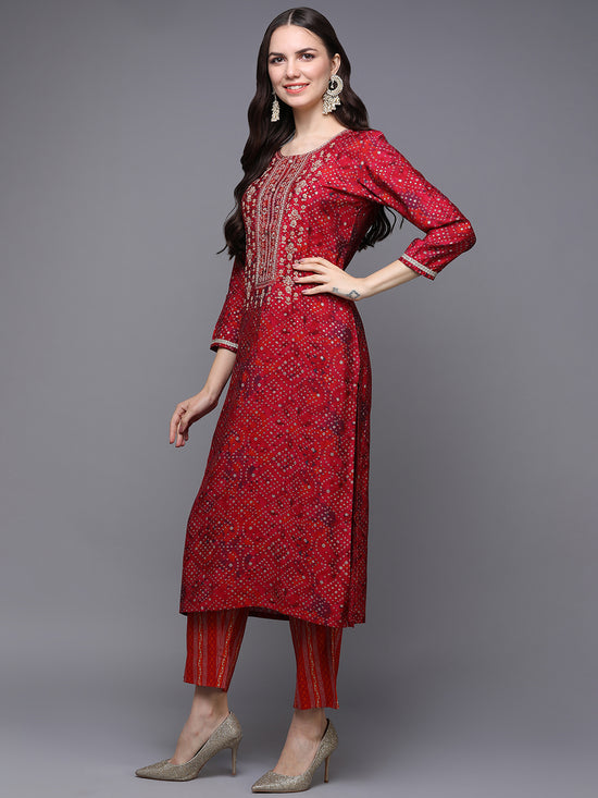 Silk Blend Red Bandhej Straight Kurta Pant