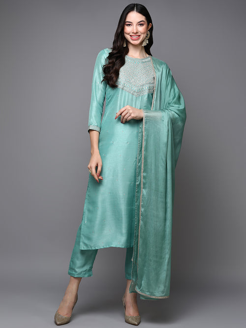 Silk Blend Green Embroidered Straight Kurta Pant