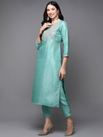 Silk Blend Green Embroidered Straight Kurta Pant