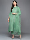 Silk Blend Green Embroidered Flared Kurta Pant With Net Dupatta