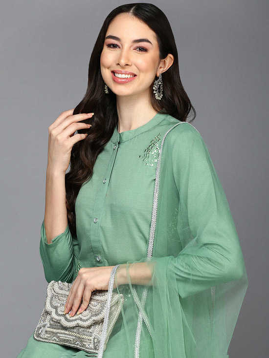 Silk Blend Green Embroidered Flared Kurta Pant With Net Dupatta