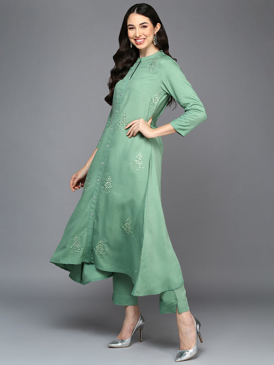 Silk Blend Green Embroidered Flared Kurta Pant With Net Dupatta