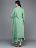 Silk Blend Green Embroidered Flared Kurta Pant With Net Dupatta