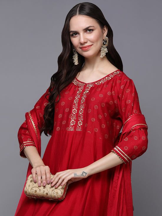 Silk Blend Red Embroidered Flared Kurta Pant