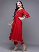 Silk Blend Red Embroidered Flared Kurta Pant