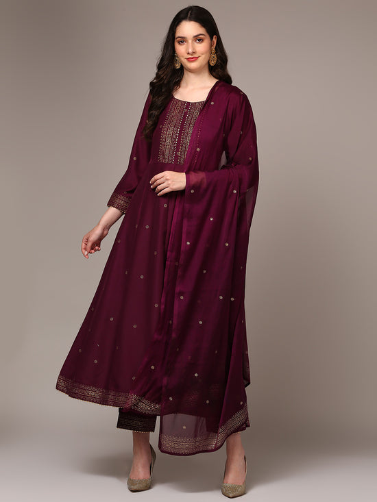 Ahika Women Burgundy Silk Blend Rogan Flared Suit Set PKSKD1986