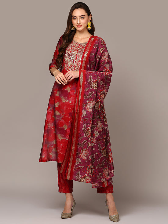 Ahika Women Maroon Silk Blend Abstract Printed Suit Set PKSKD1987