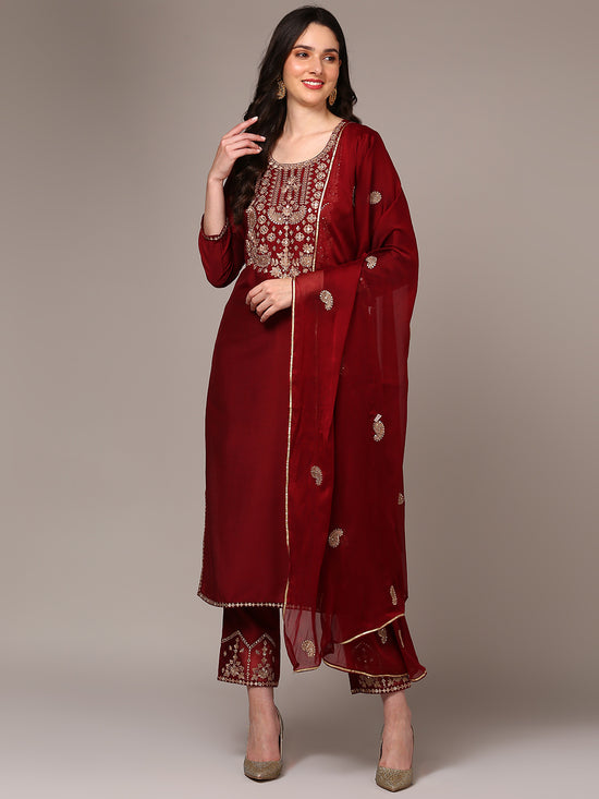 Ahika Women Maroon Silk Blend Yoke Design Straight Kurta Trouser With Dupatta PKSKD1990