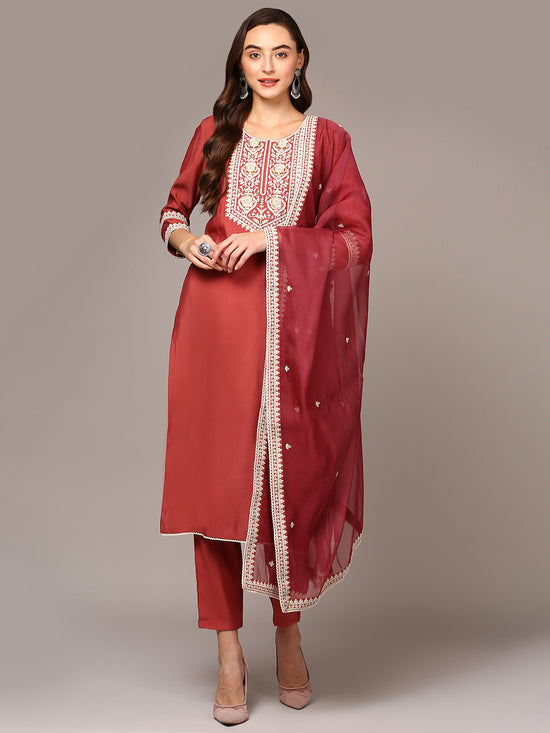 Ahika Women Rose Silk Blend Solid Straight Suit Set PKSKD1993