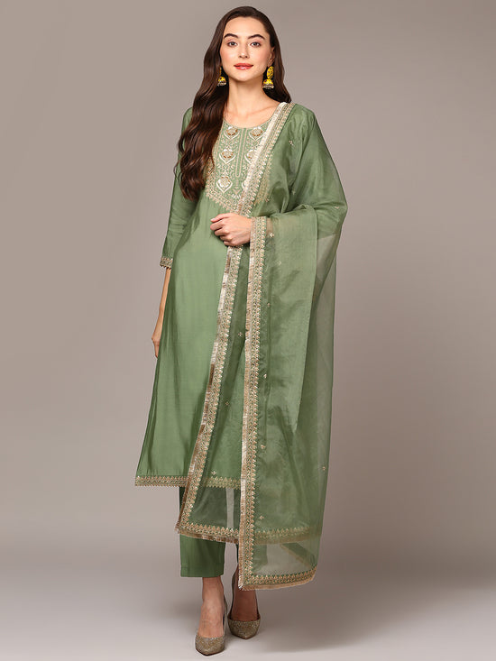 Ahika Women Green Silk Blend Solid Straight Suit Set PKSKD1994