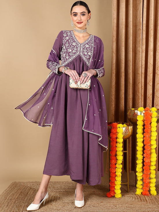 Ahika Women Purple Silk Blend Solid Embroidered Kurta Trouser With Dupatta