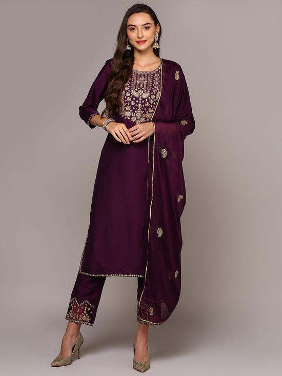 Ahika Women Purple Silk Blend Solid Straight Suit Set PKSKD2000