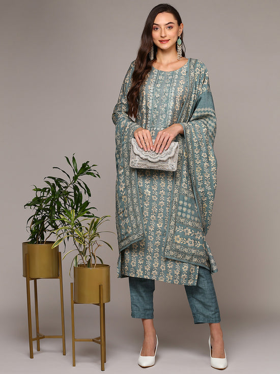 Ahika Women Grey Silk Blend Printed Straight Suit Set PKSKD2001