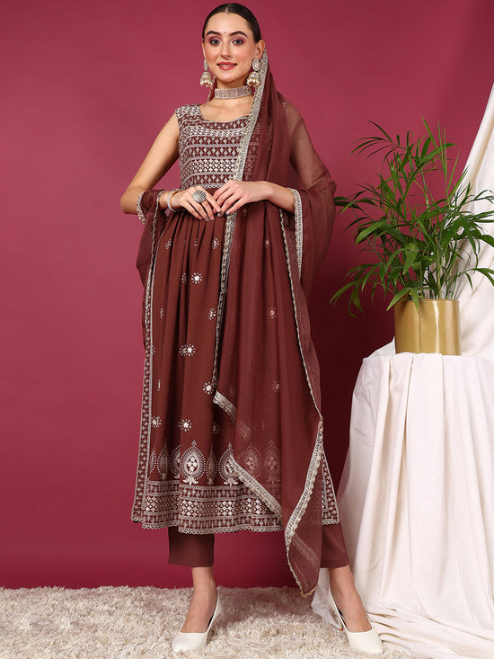 Ahika Women Rust Poly Georgette Solid Embroidered Straight Kurta Trouser With Dupatta