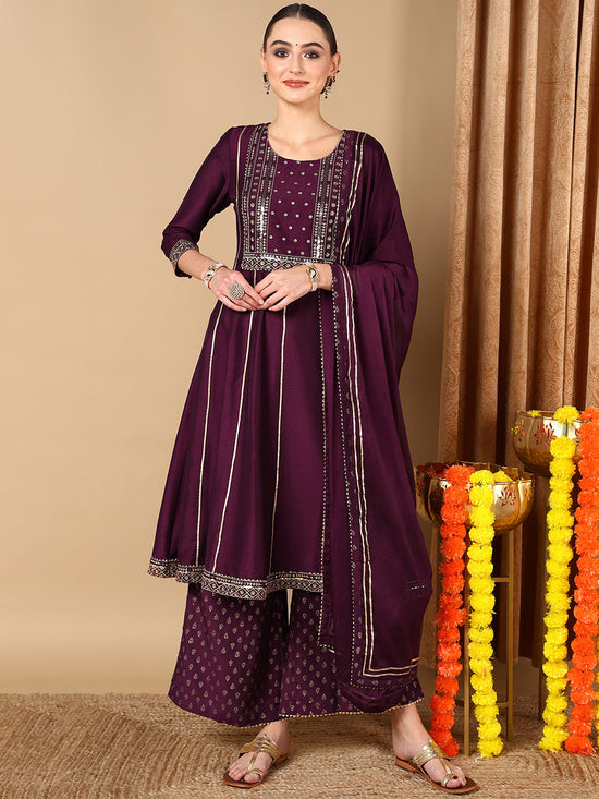 Ahika Women Purple Silk Blend Solid Embroidered Kurta Palazzo With Dupatta