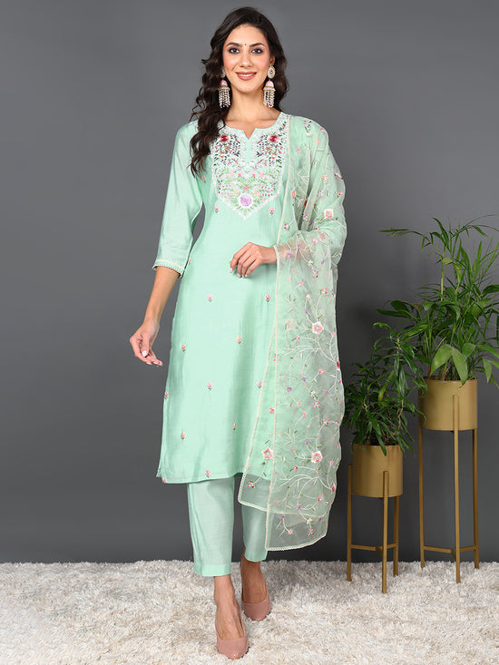 Ahika Women Green Silk Blend Solid Embroidered Kurta Trouser With Dupatta-PKSKD2027_S