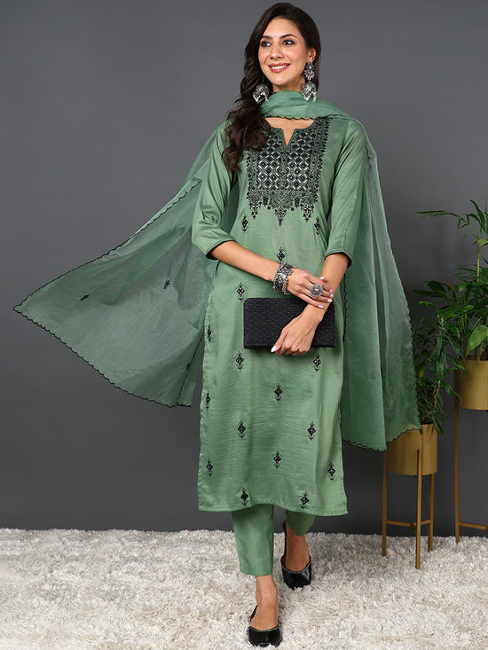 Ahika Women Green Silk Blend Solid Embroidered Kurta Trouser With Dupatta-PKSKD2031_S