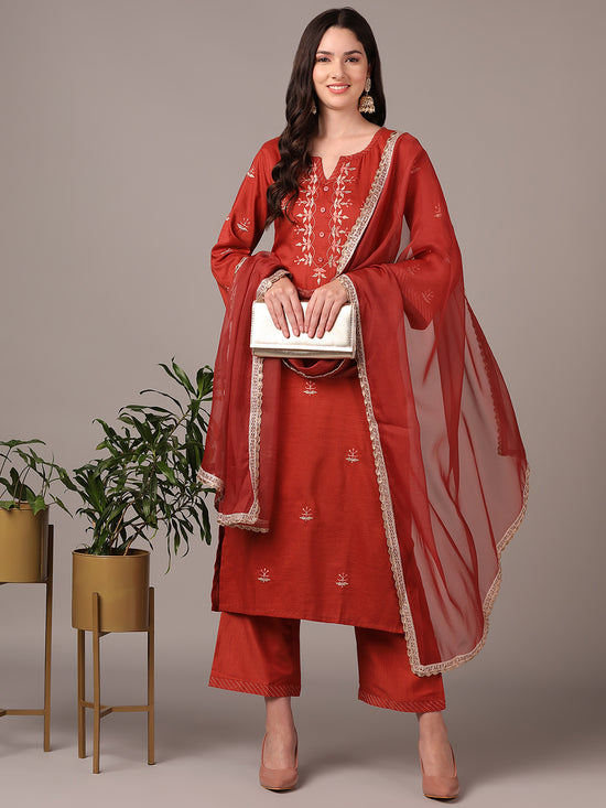 Ahika Women Rust Silk Blend Solid Embroidered Thread Work Straight Kurta Palazzo With Dupatta