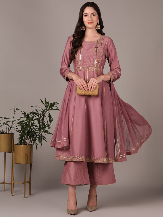 Ahika Women Pink Silk Blend Solid Yoke Design Zari Anarkali Kurta Palazzo With Dupatta