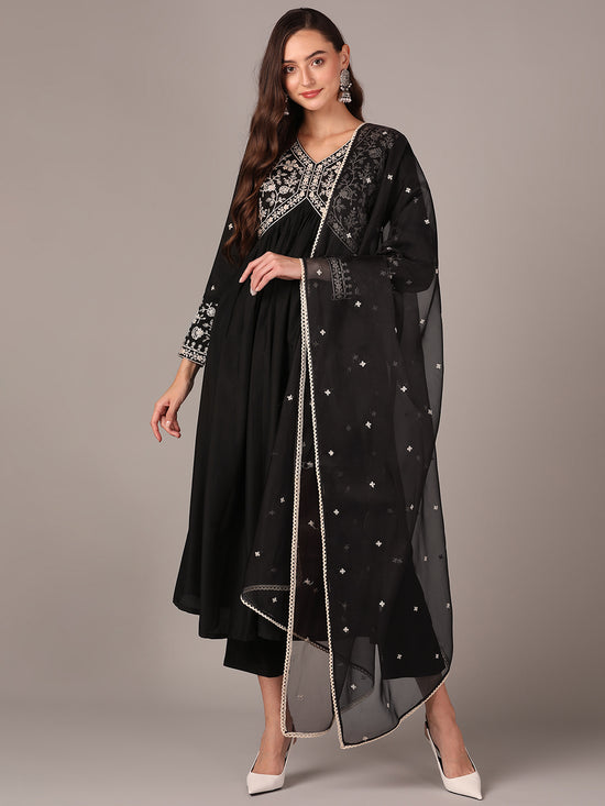 Ahika Women Black Silk Blend Solid Thread Work Anarkali Kurta Trouser With Dupatta