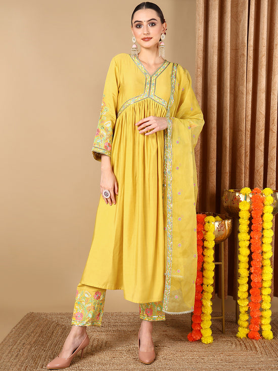 Ahika Women Yellow Silk Blend Solid Embroidered Kurta Trouser With Dupatta-PKSKD2046_XS