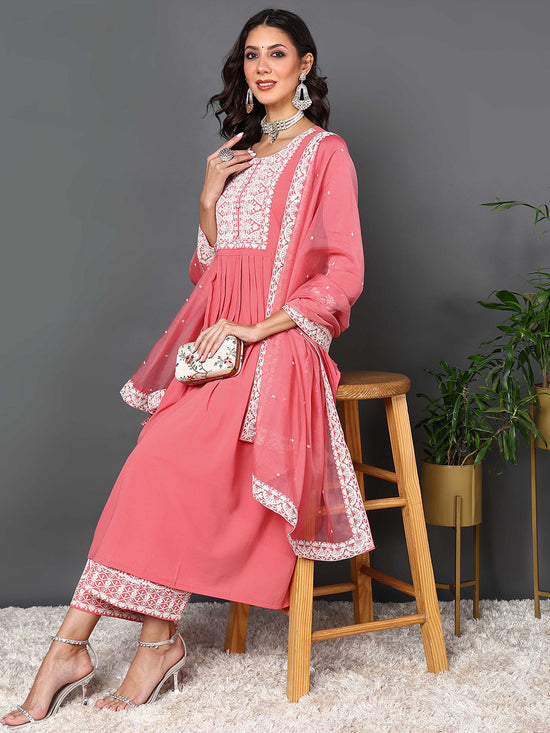 Ahika Women Coral Georgette Solid Embroidered Kurta Palazzo With Dupatta