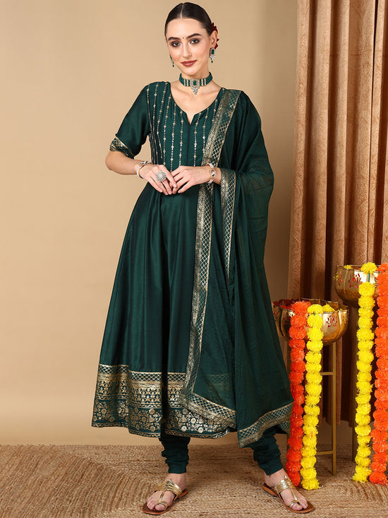 Ahika Women Green Silk Blend Solid Woven Design Kurta Churidar With Dupatta-PKSKD2051_S