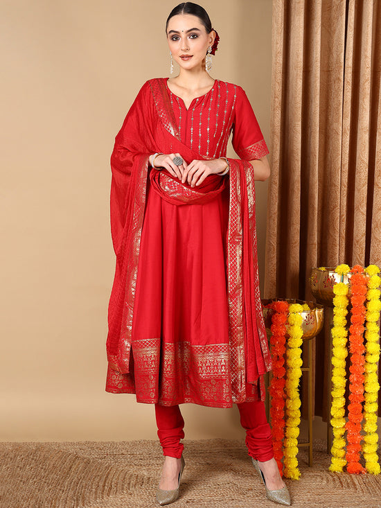 Ahika Women Red Silk Blend Solid Woven Design Kurta Churidar With Dupatta-PKSKD2052_S