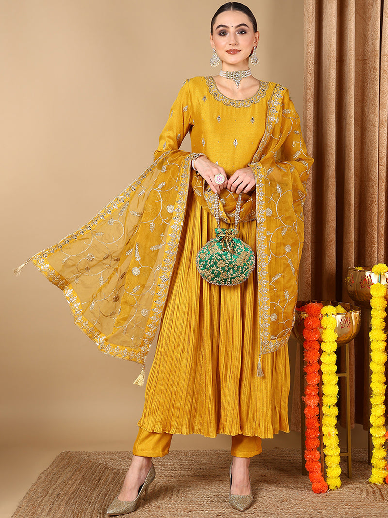 Ahika Women Yellow Silk Blend Solid Embroidered Kurta Trouser With Dupatta