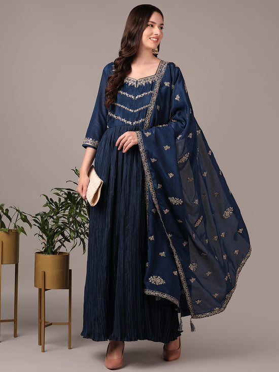 Ahika Women Navy Blue Silk Blend Solid Embroidered Zari Anarkali Kurta Trouser With Dupatta