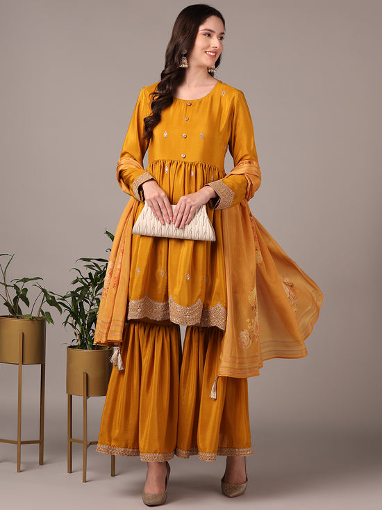 Ahika Women Yellow Silk Blend Soild Embroidered Zari Anarkali Kurta Sharara With Dupatta