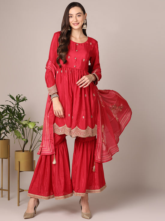 Ahika Women Red Silk Blend Soild Embroidered Anarkali Kurta Sharara With Dupatta