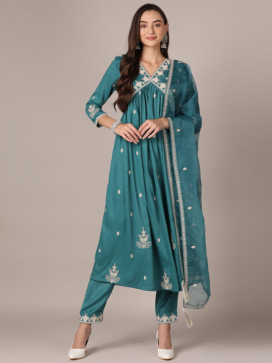 Ahika Women Turquoise Blue Silk Blend Solid Thread Work Anarkali Kurta Trouser With Dupatta