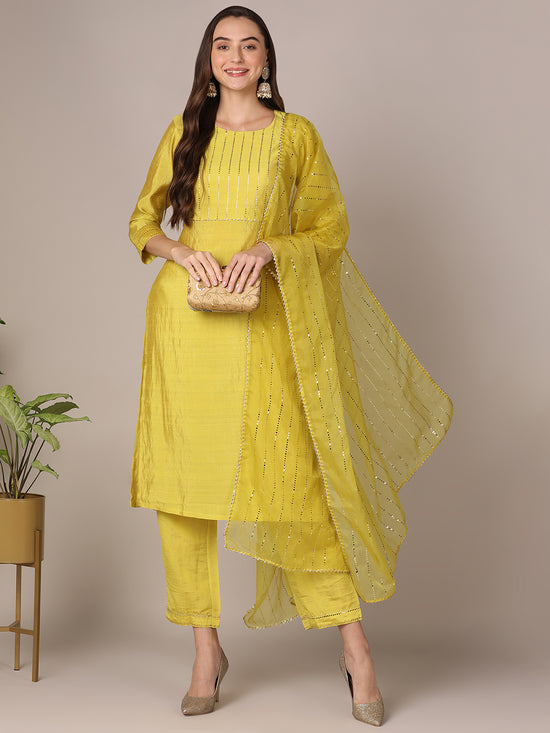 Ahika Women Yellow Poly Chanderi Solid Yoke Design Straight Kurta Trouser With Dupatta